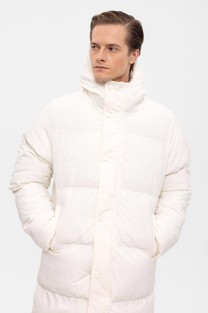 Men's Ecru Hooded Long Puffer Jacket