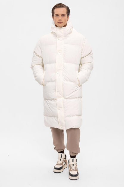 Men's Ecru Hooded Long Puffer Jacket