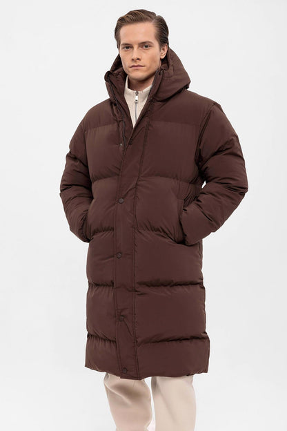 Men's Brown Hooded Long Puffer Jacket