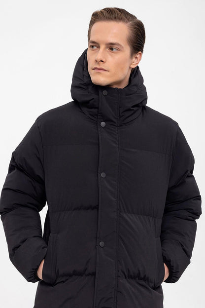 Men's Black Hooded Long Puffer Jacket