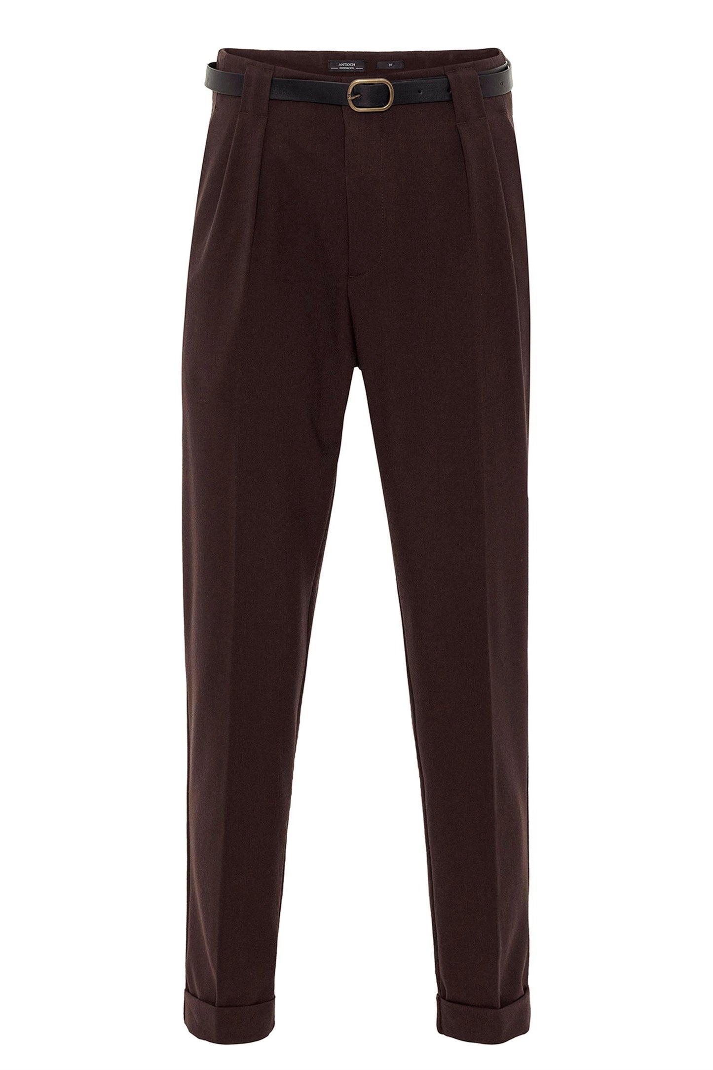 Men's Dark Brown Belted Double Cuff Pants