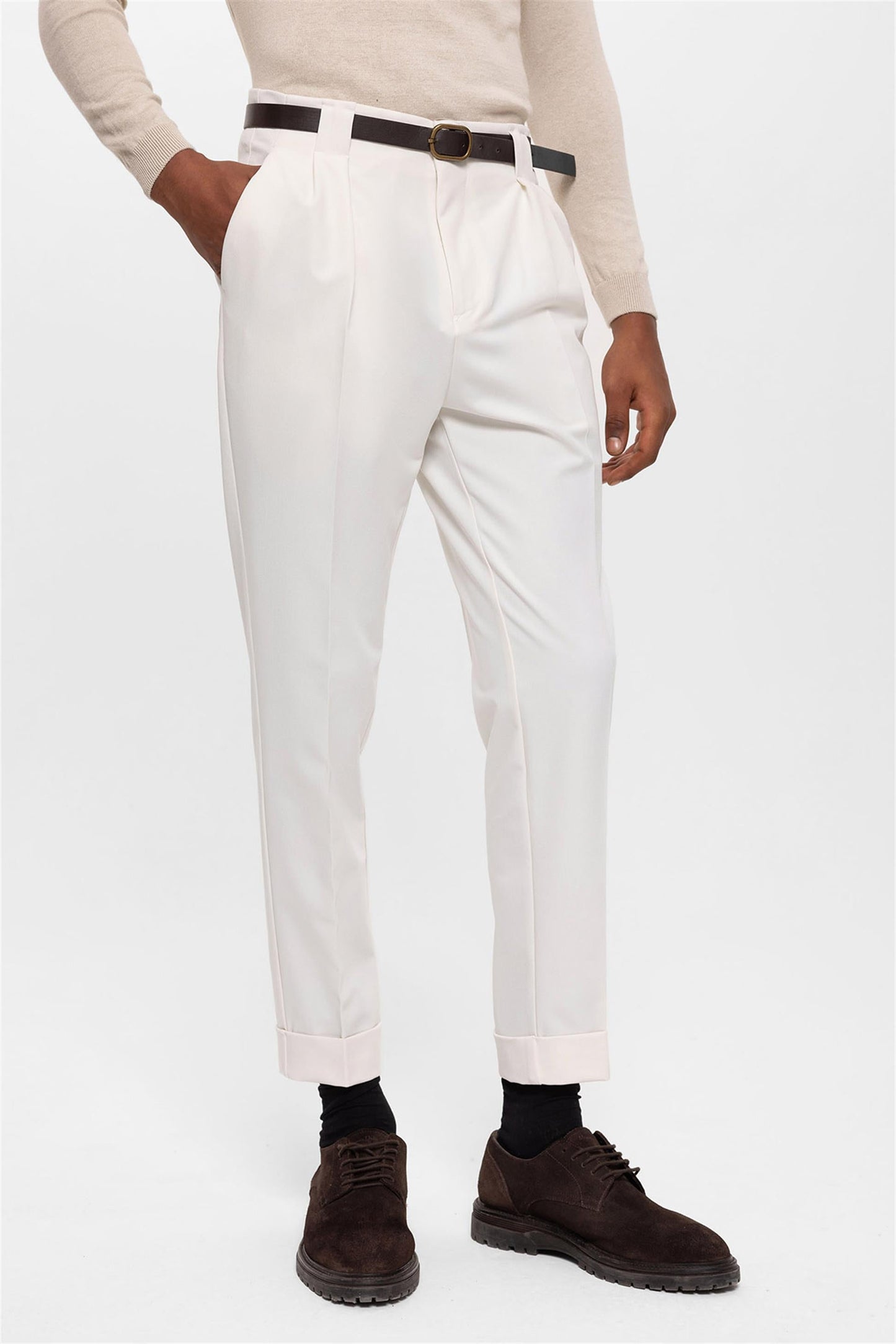 Men's Ecru Belted Double Cuff Pants