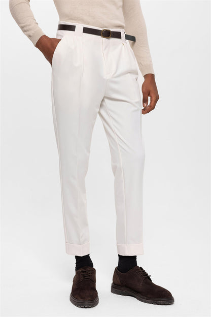 Men's Ecru Belted Double Cuff Pants
