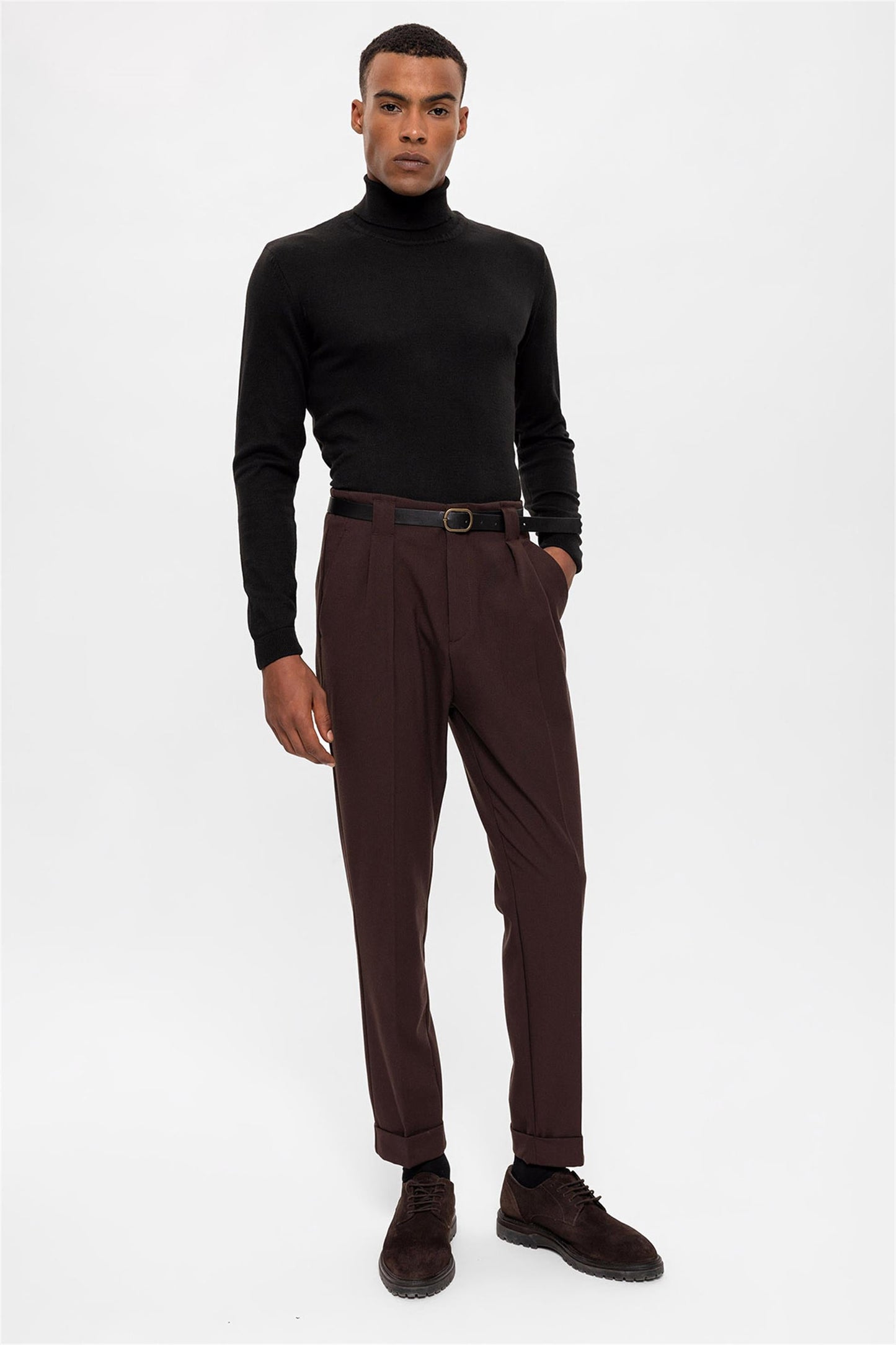Men's Dark Brown Belted Double Cuff Pants