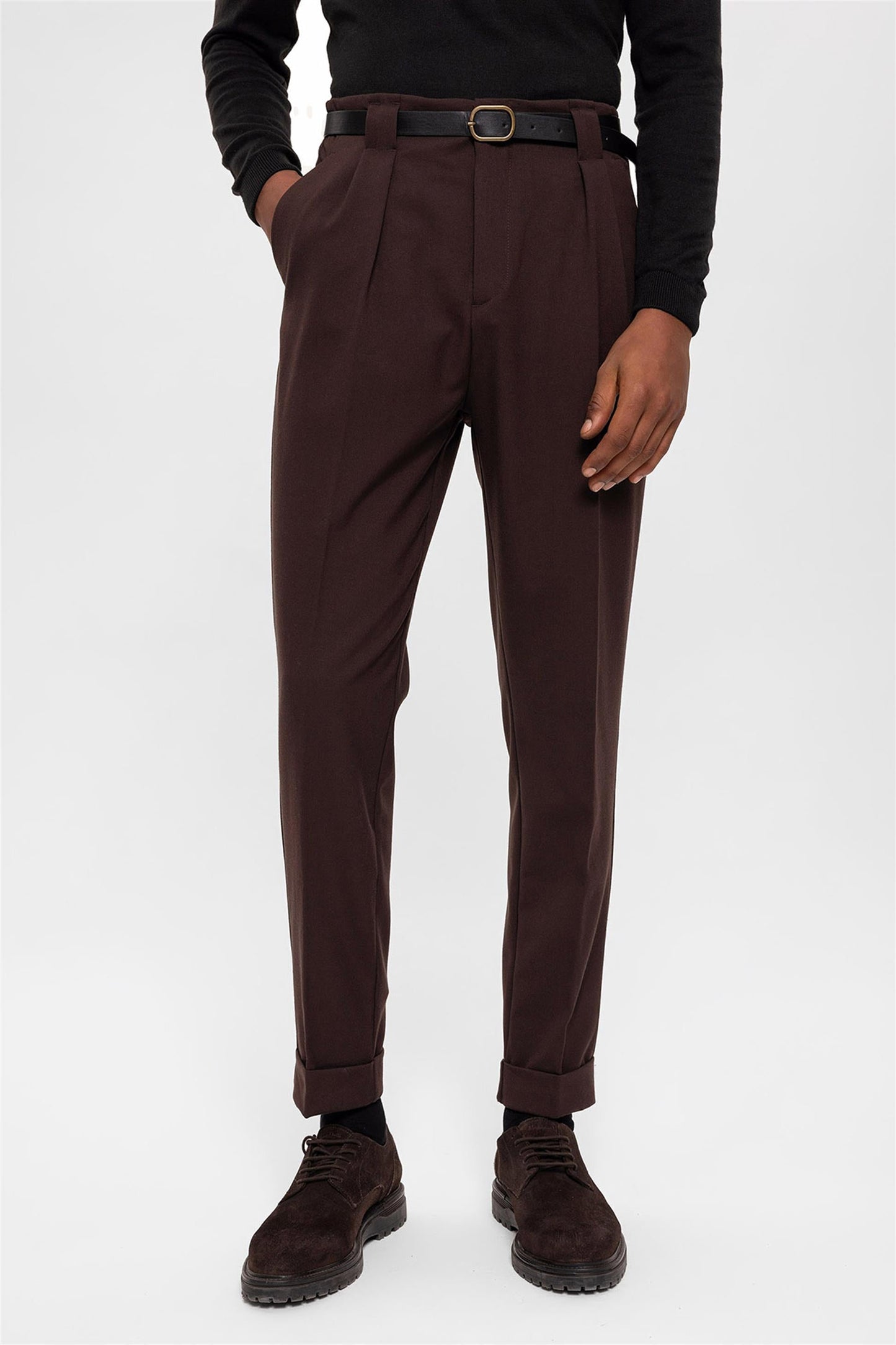 Men's Dark Brown Belted Double Cuff Pants