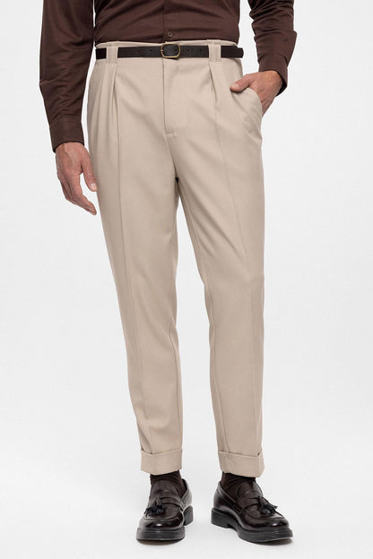 Men's Dark Beige Belted Double Cuff Pants