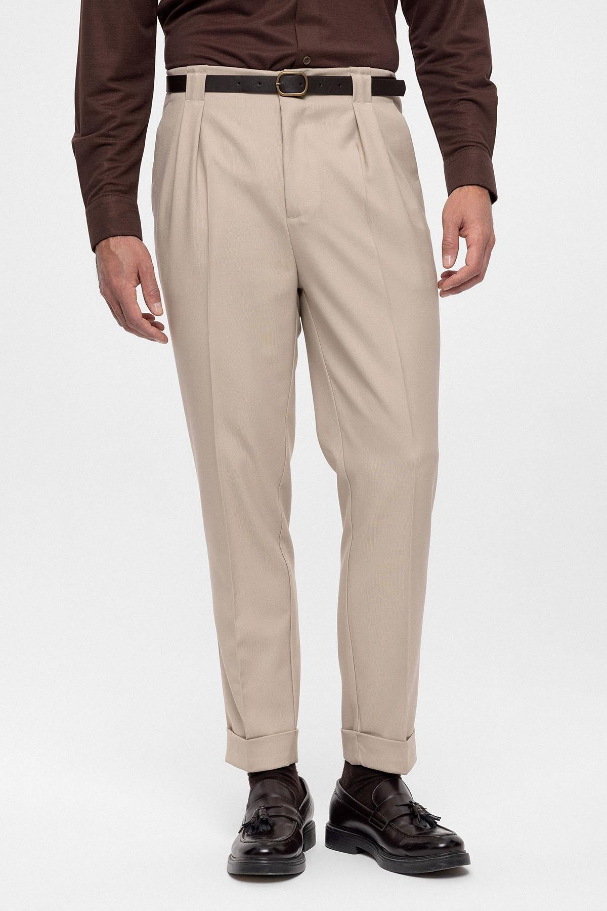 Men's Dark Beige Belted Double Cuff Pants