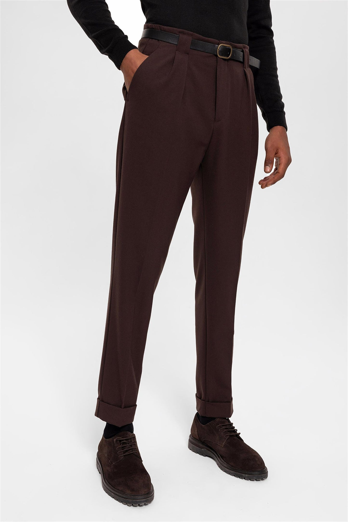 Men's Dark Brown Belted Double Cuff Pants