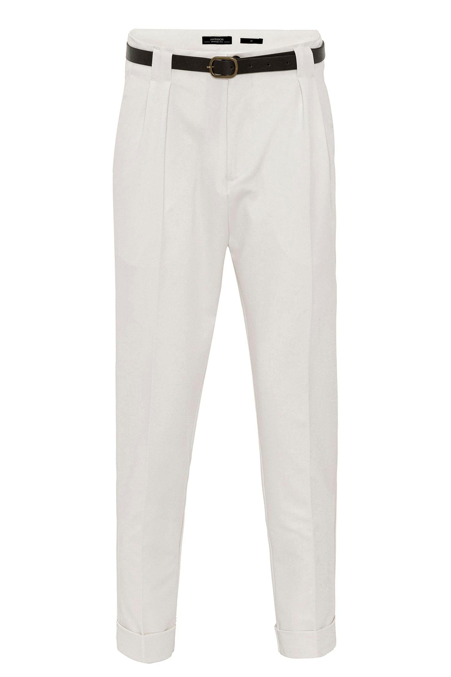 Men's Ecru Belted Double Cuff Pants