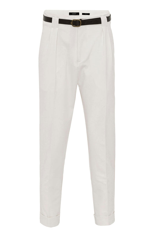 Men's Ecru Belted Double Cuff Pants