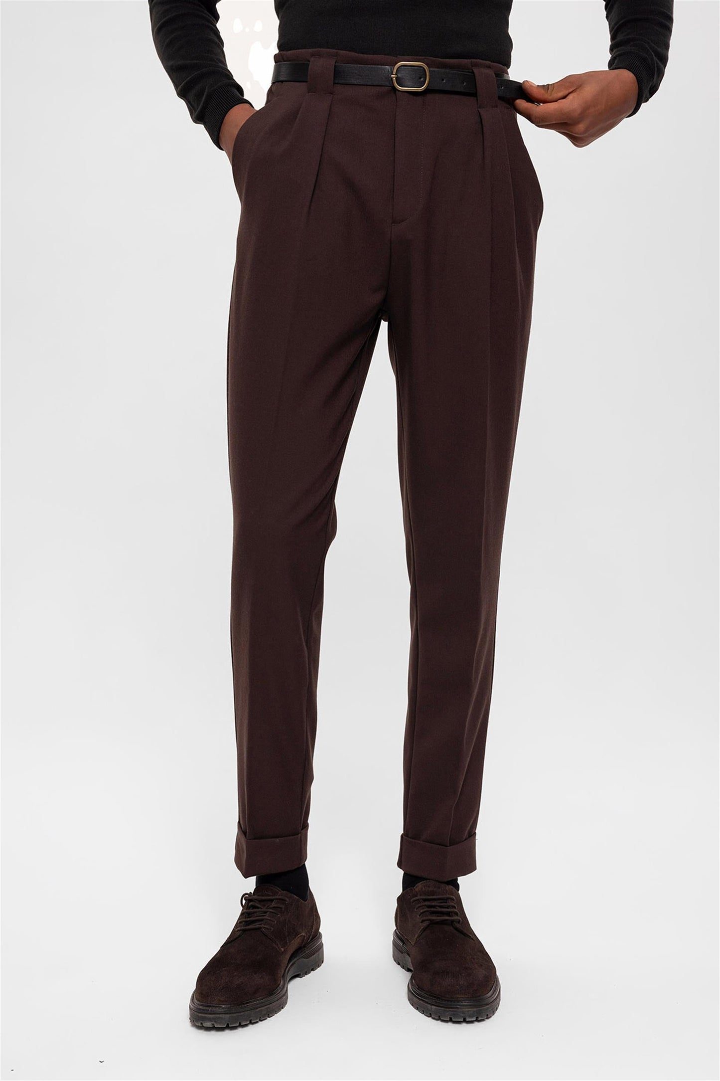 Men's Dark Brown Belted Double Cuff Pants