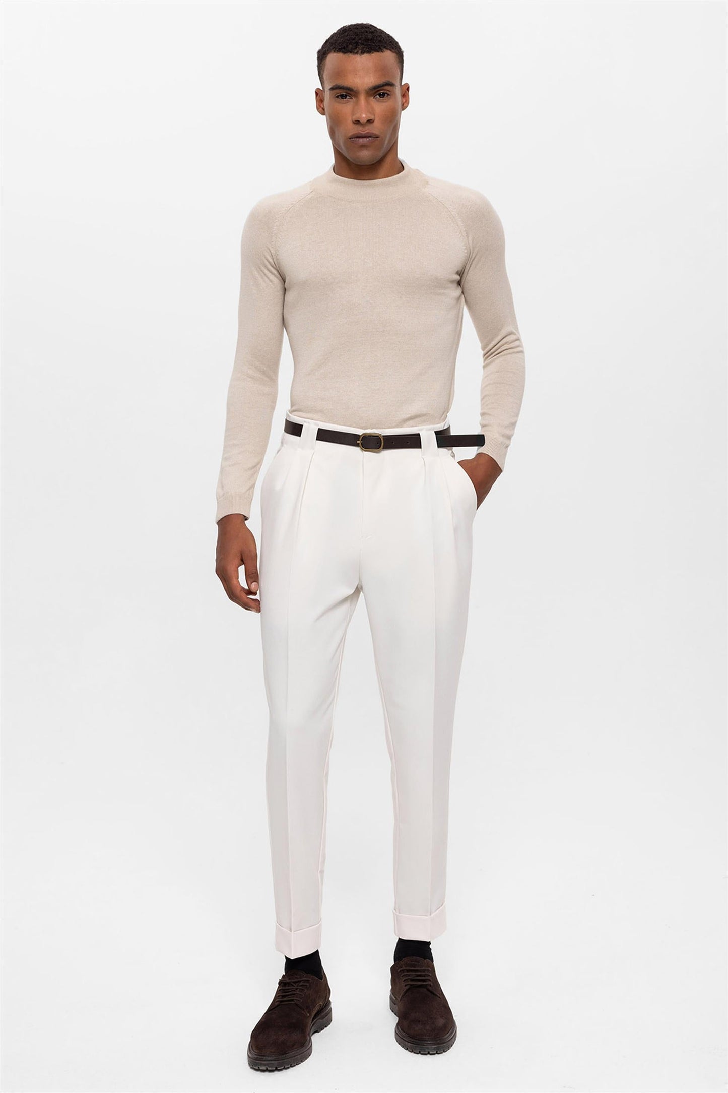 Men's Ecru Belted Double Cuff Pants