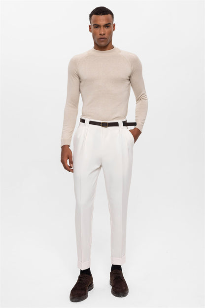 Men's Ecru Belted Double Cuff Pants