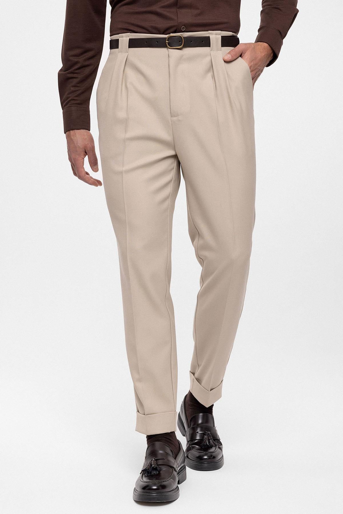 Men's Dark Beige Belted Double Cuff Pants