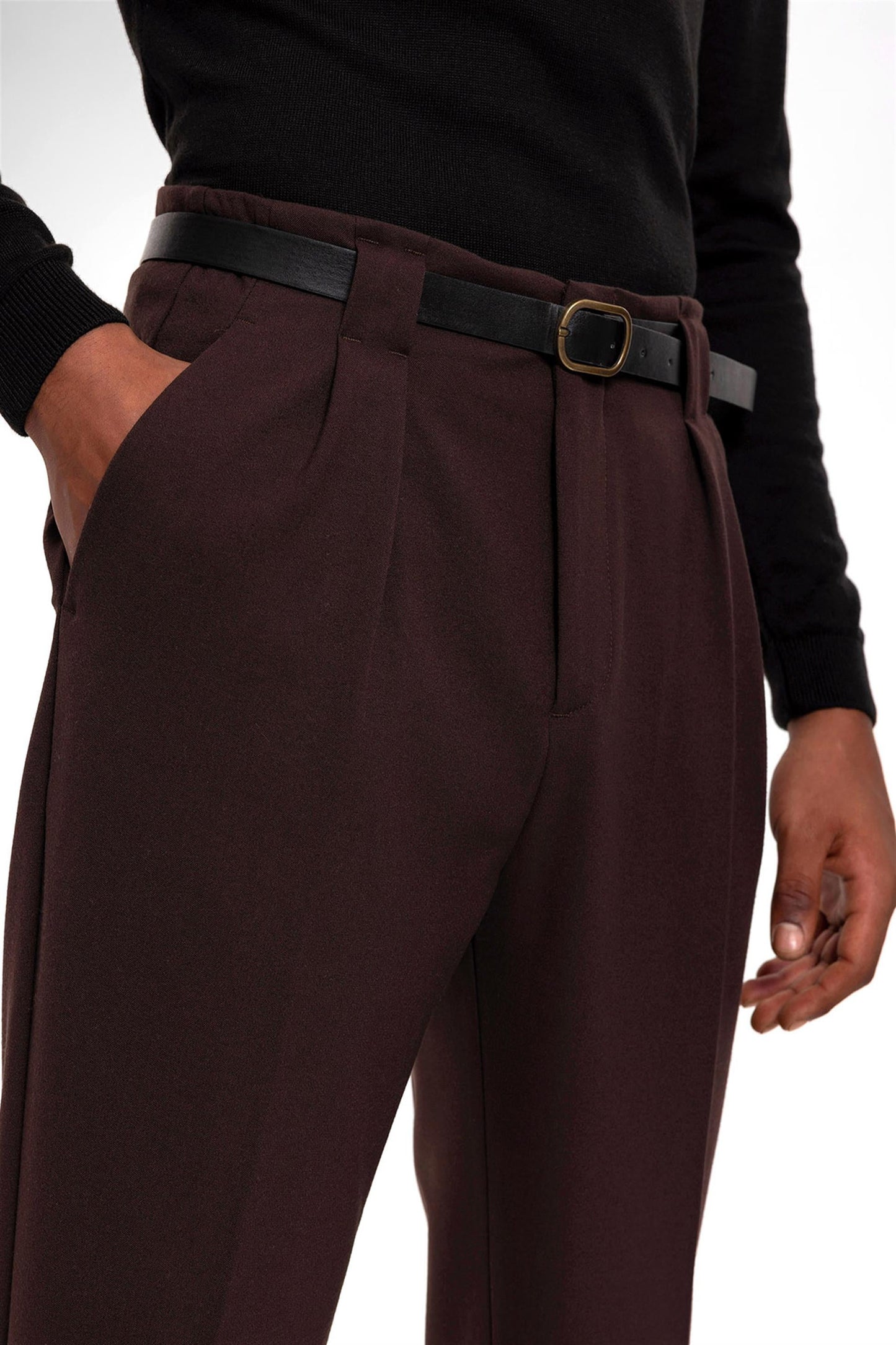 Men's Dark Brown Belted Double Cuff Pants