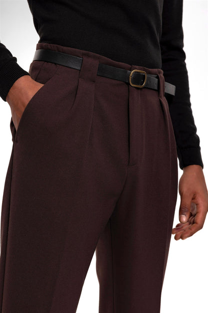 Men's Dark Brown Belted Double Cuff Pants