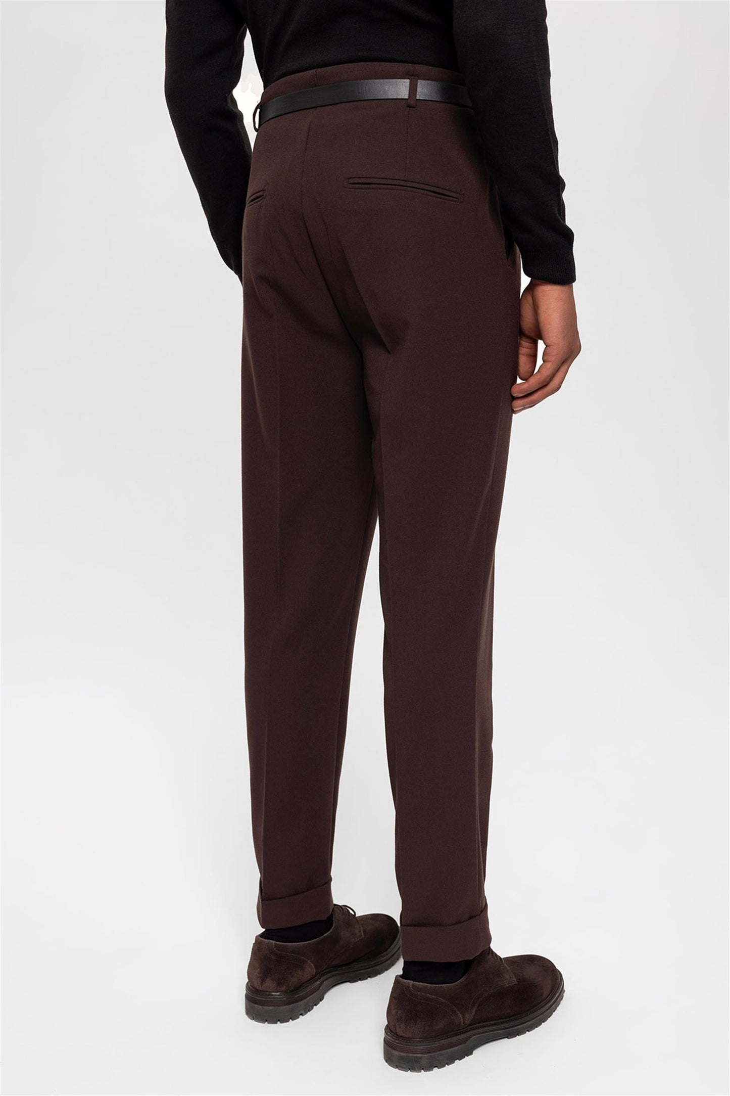 Men's Dark Brown Belted Double Cuff Pants