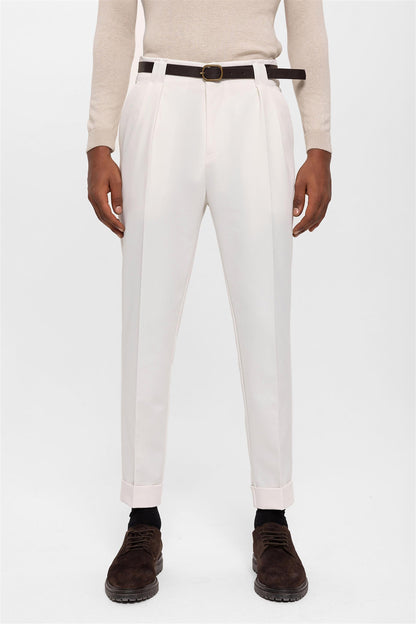 Men's Ecru Belted Double Cuff Pants