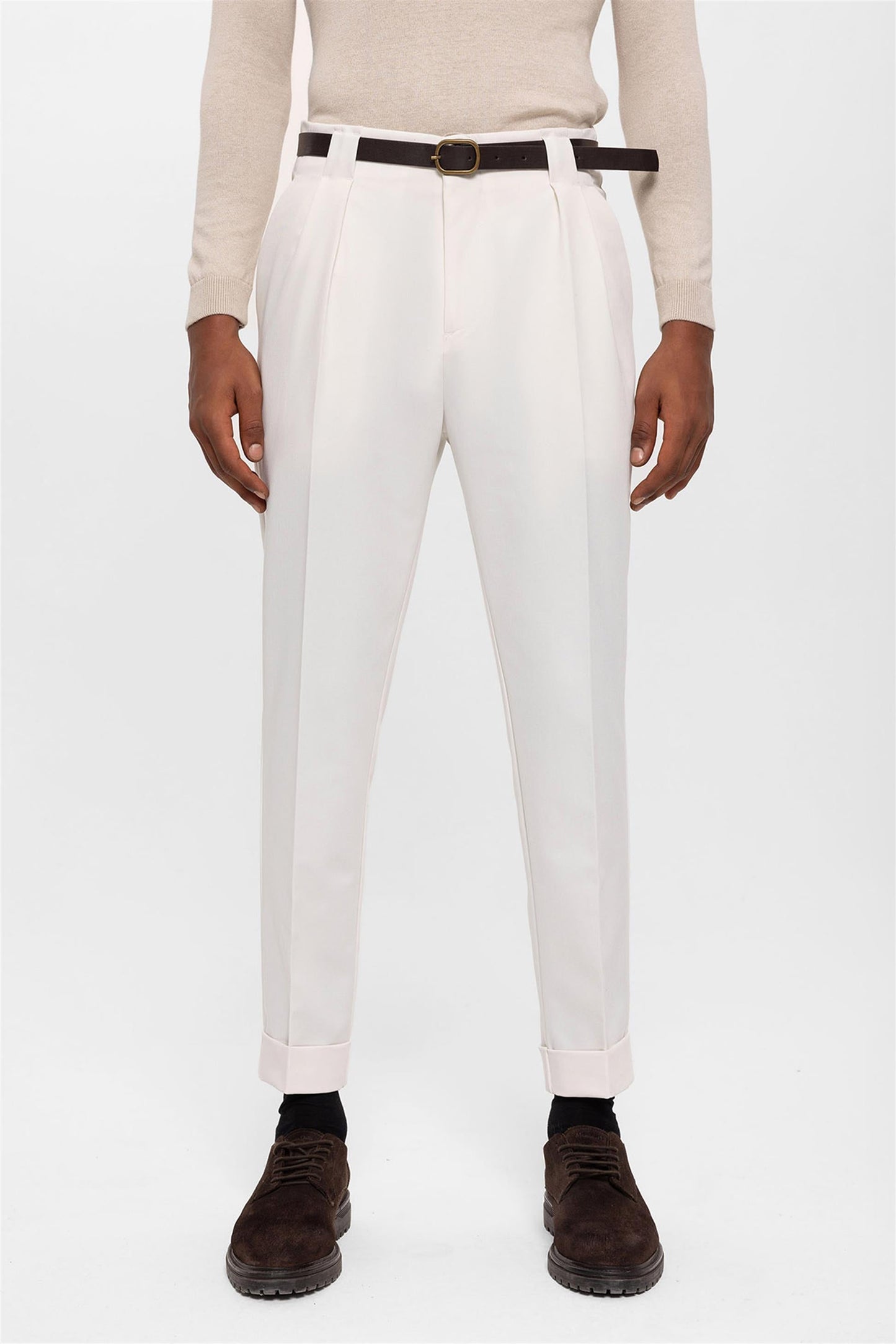 Men's Ecru Belted Double Cuff Pants