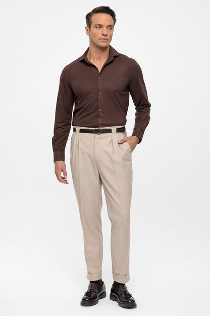 Men's Dark Beige Belted Double Cuff Pants