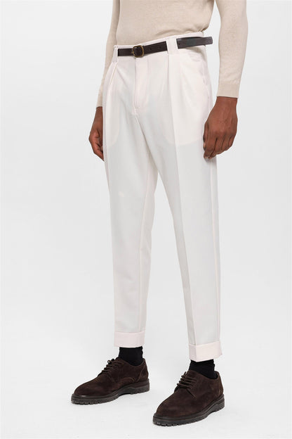 Men's Ecru Belted Double Cuff Pants