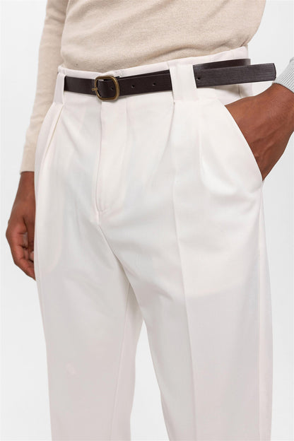 Men's Ecru Belted Double Cuff Pants