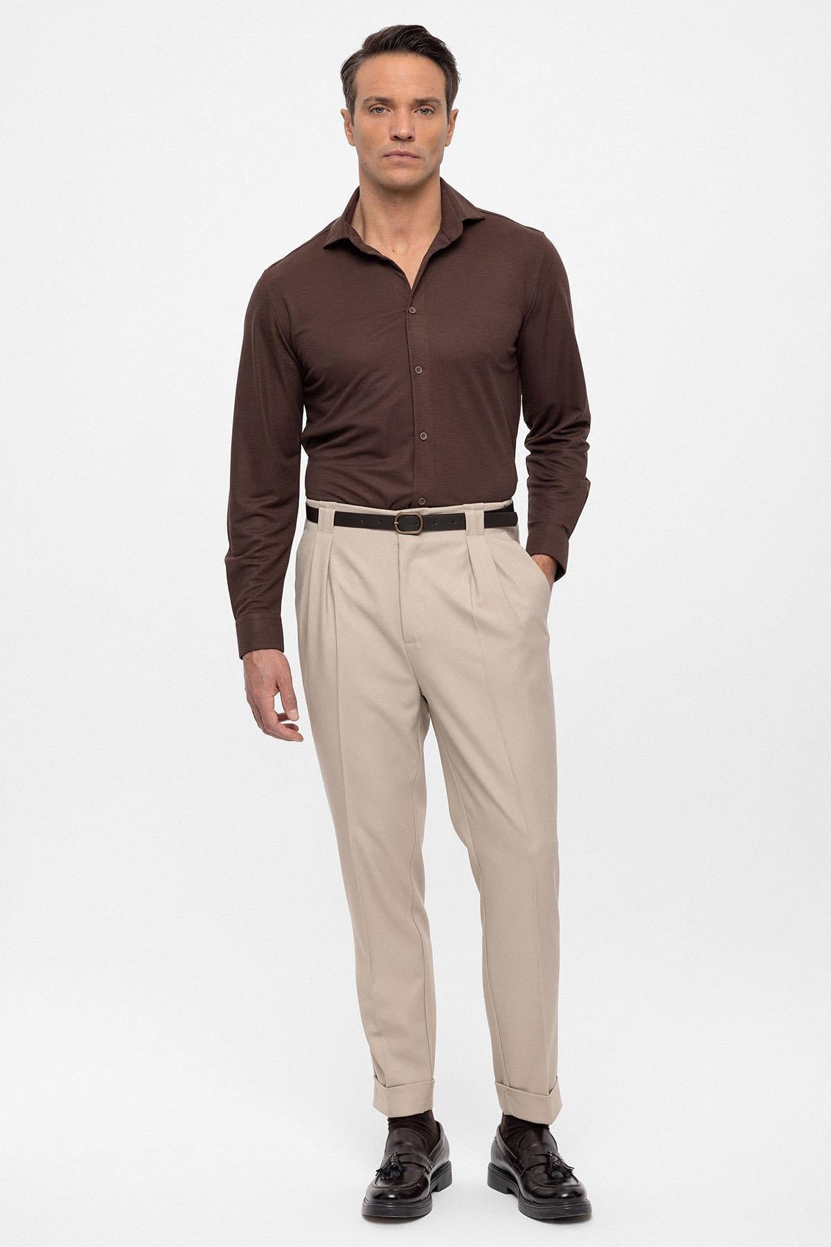 Men's Dark Beige Belted Double Cuff Pants