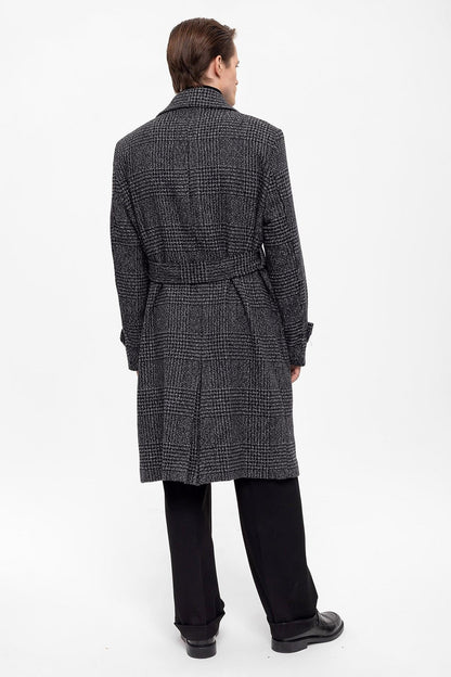 Belted Double Breasted Closure Plaid Men's Coat