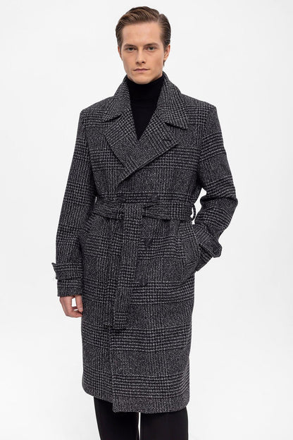 Belted Double Breasted Closure Plaid Men's Coat