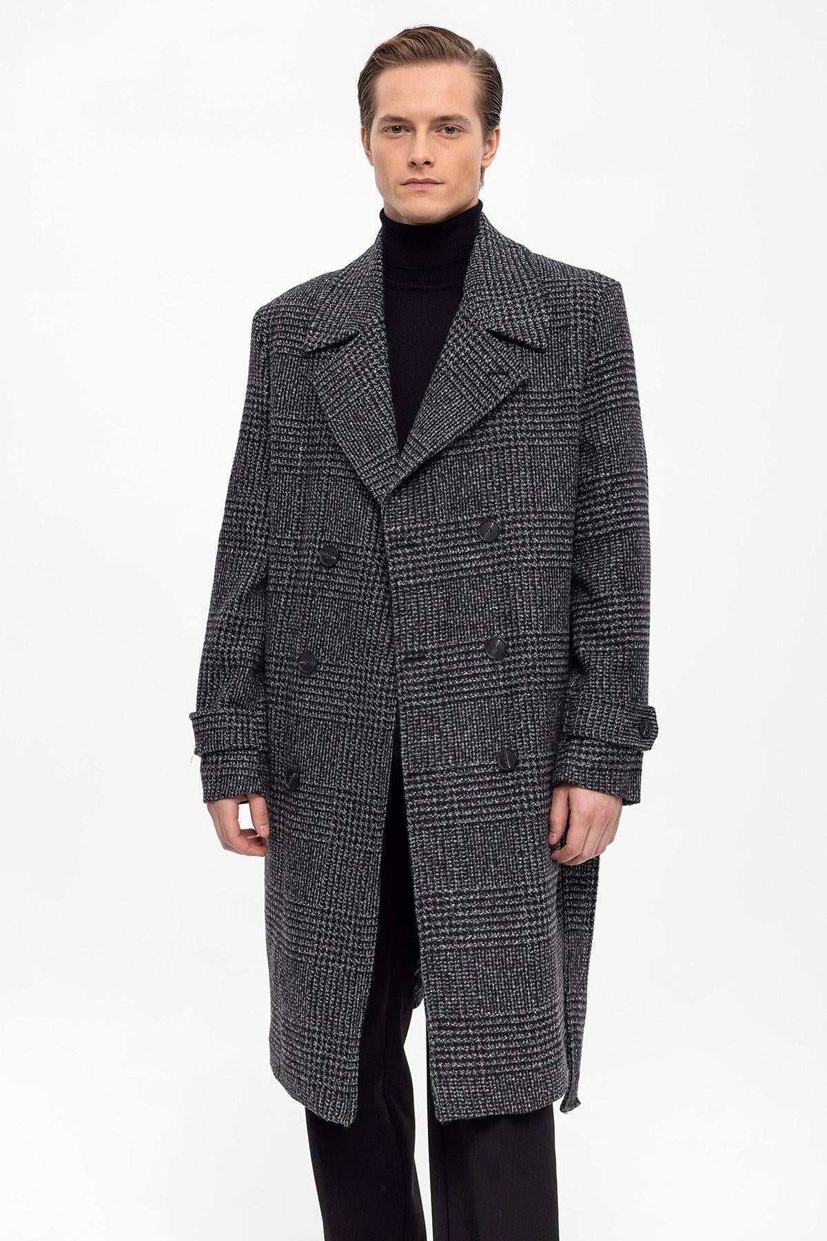 Belted Double Breasted Closure Plaid Men's Coat