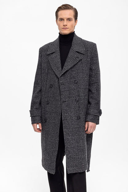 Belted Double Breasted Closure Plaid Men's Coat
