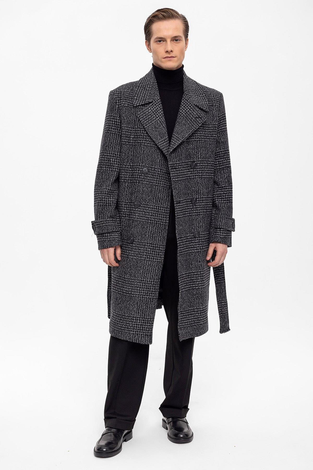 Belted Double Breasted Closure Plaid Men's Coat