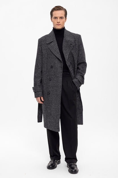 Belted Double Breasted Closure Plaid Men's Coat