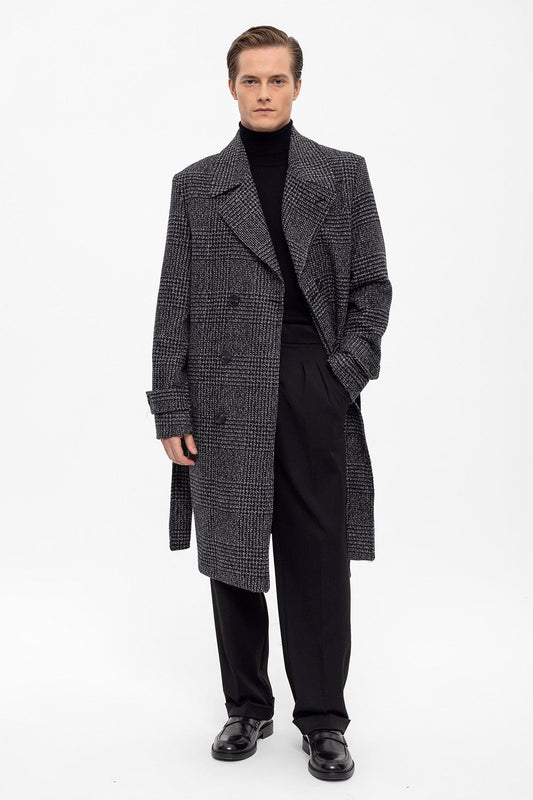 Belted Double Breasted Closure Plaid Men's Coat