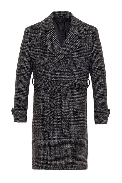 Belted Double Breasted Closure Plaid Men's Coat