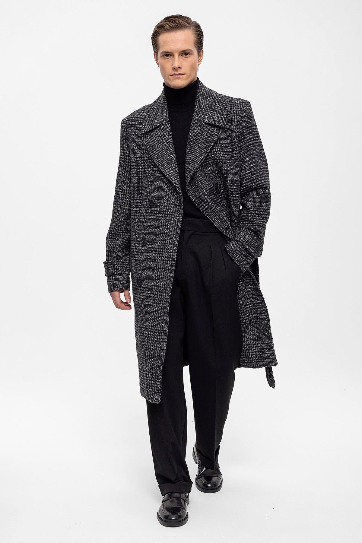Belted Double Breasted Closure Plaid Men's Coat