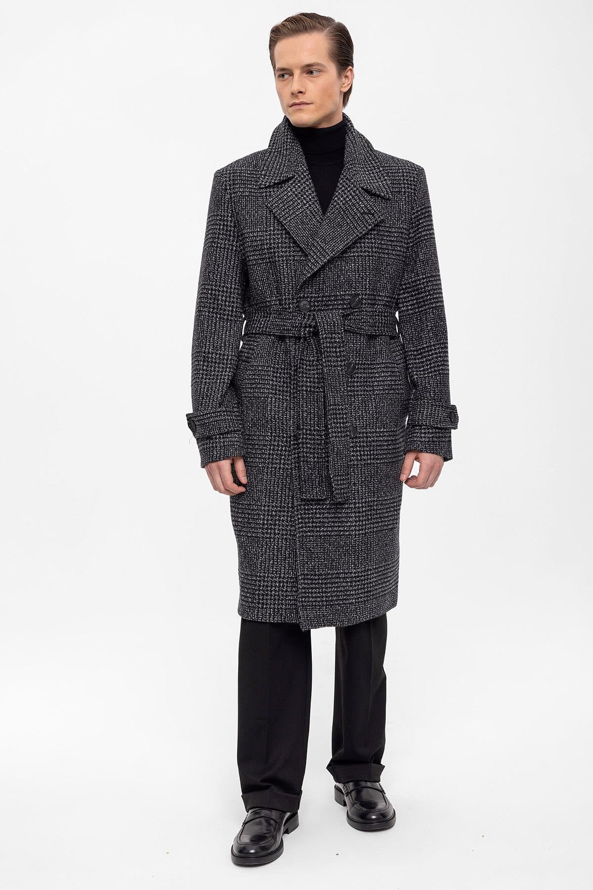 Belted Double Breasted Closure Plaid Men's Coat