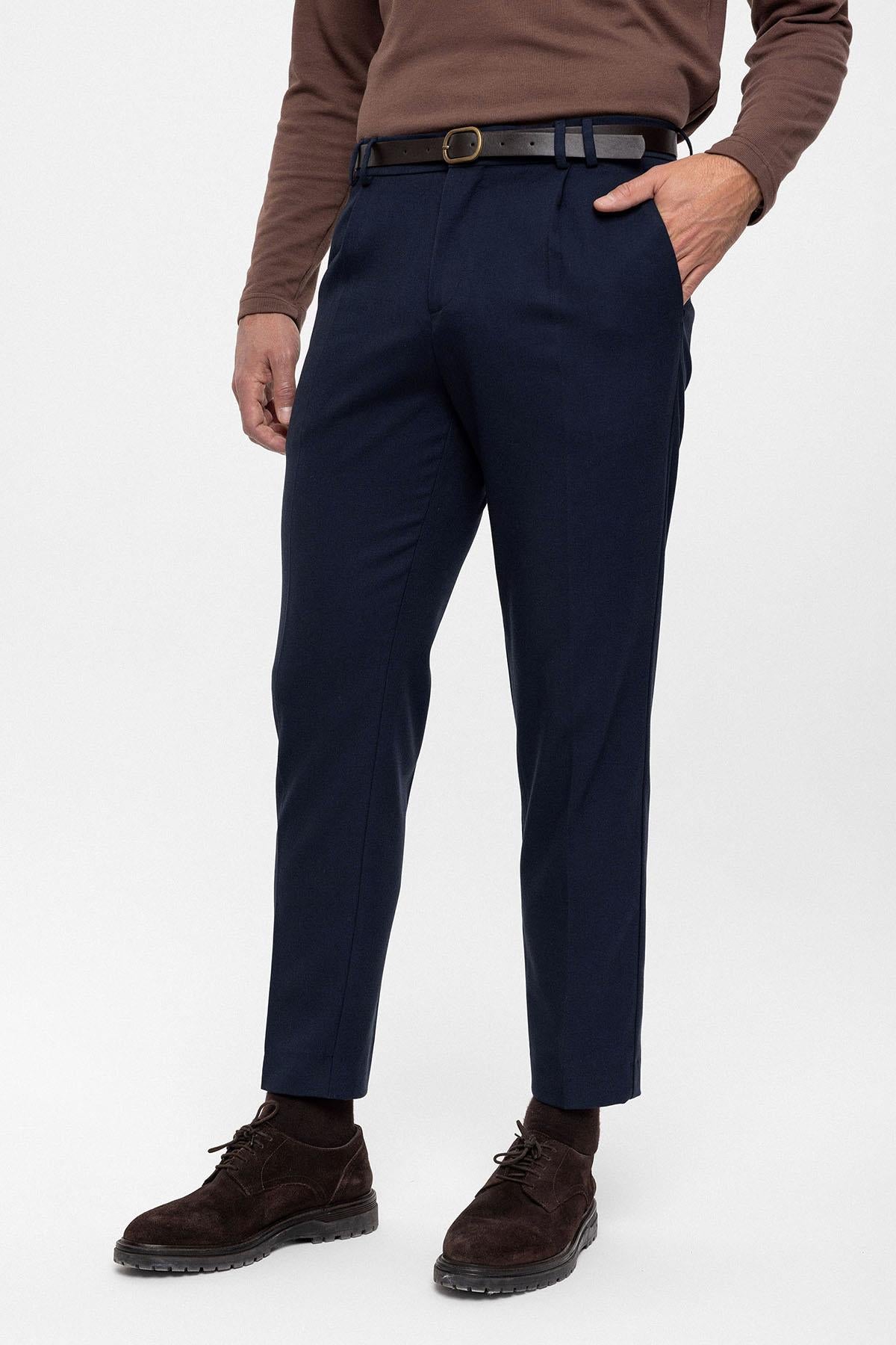 Men's Navy Blue Belted High Waist Trousers