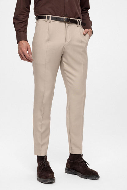 Men's Beige Belted High Waist Trousers