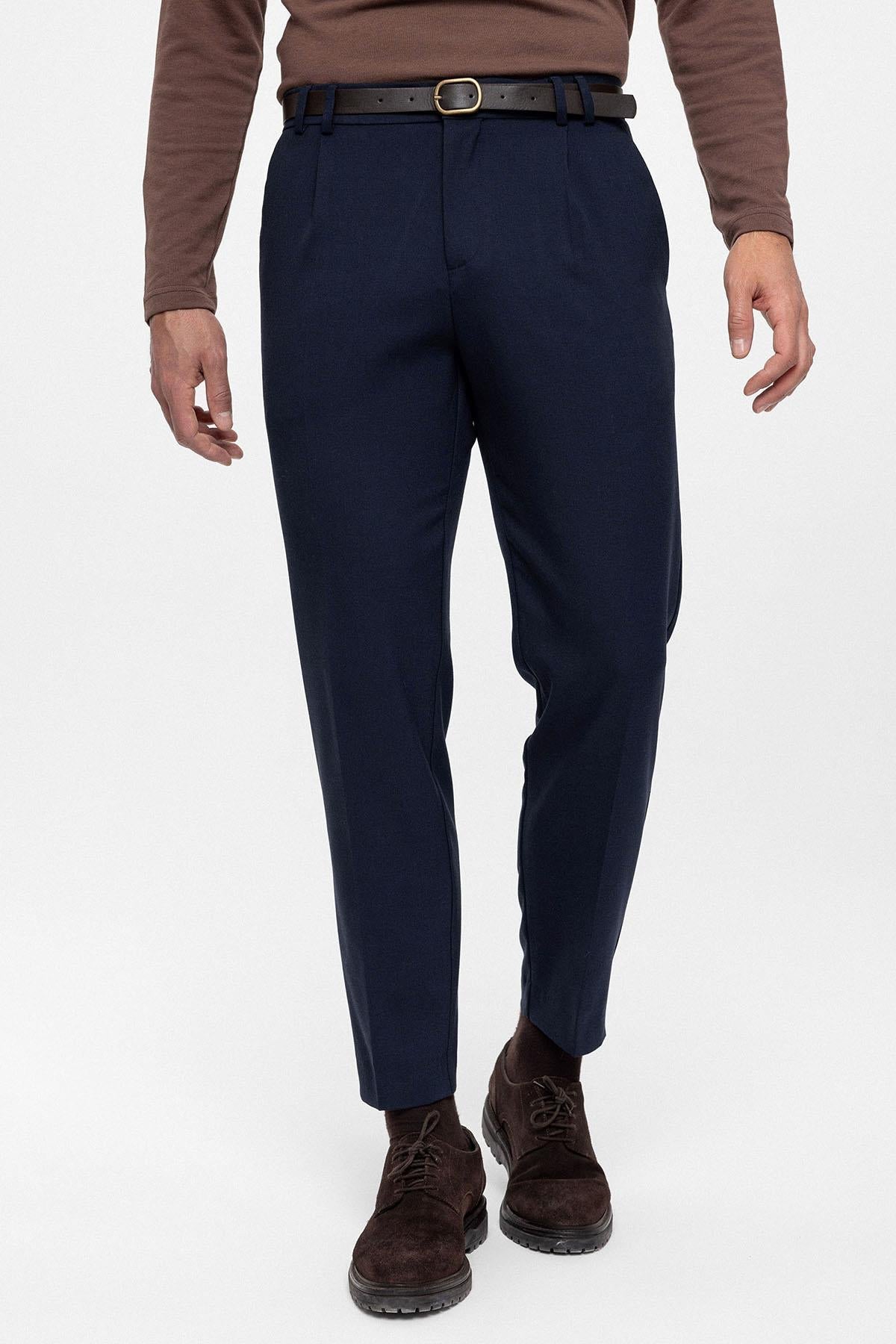 Men's Navy Blue Belted High Waist Trousers
