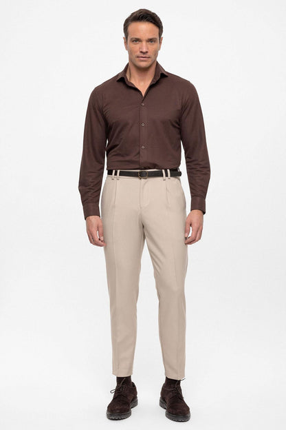 Men's Beige Belted High Waist Trousers