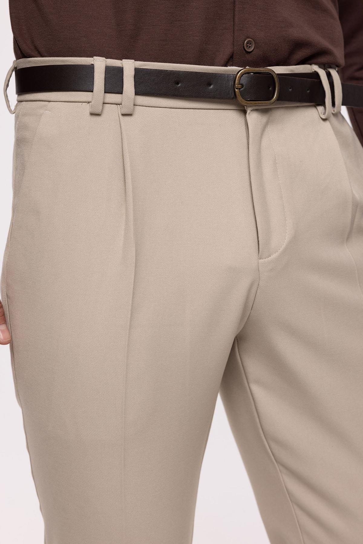 Men's Beige Belted High Waist Trousers