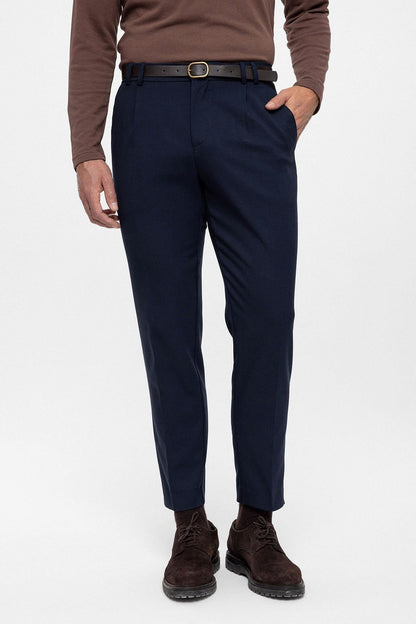 Men's Navy Blue Belted High Waist Trousers