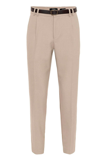 Men's Beige Belted High Waist Trousers
