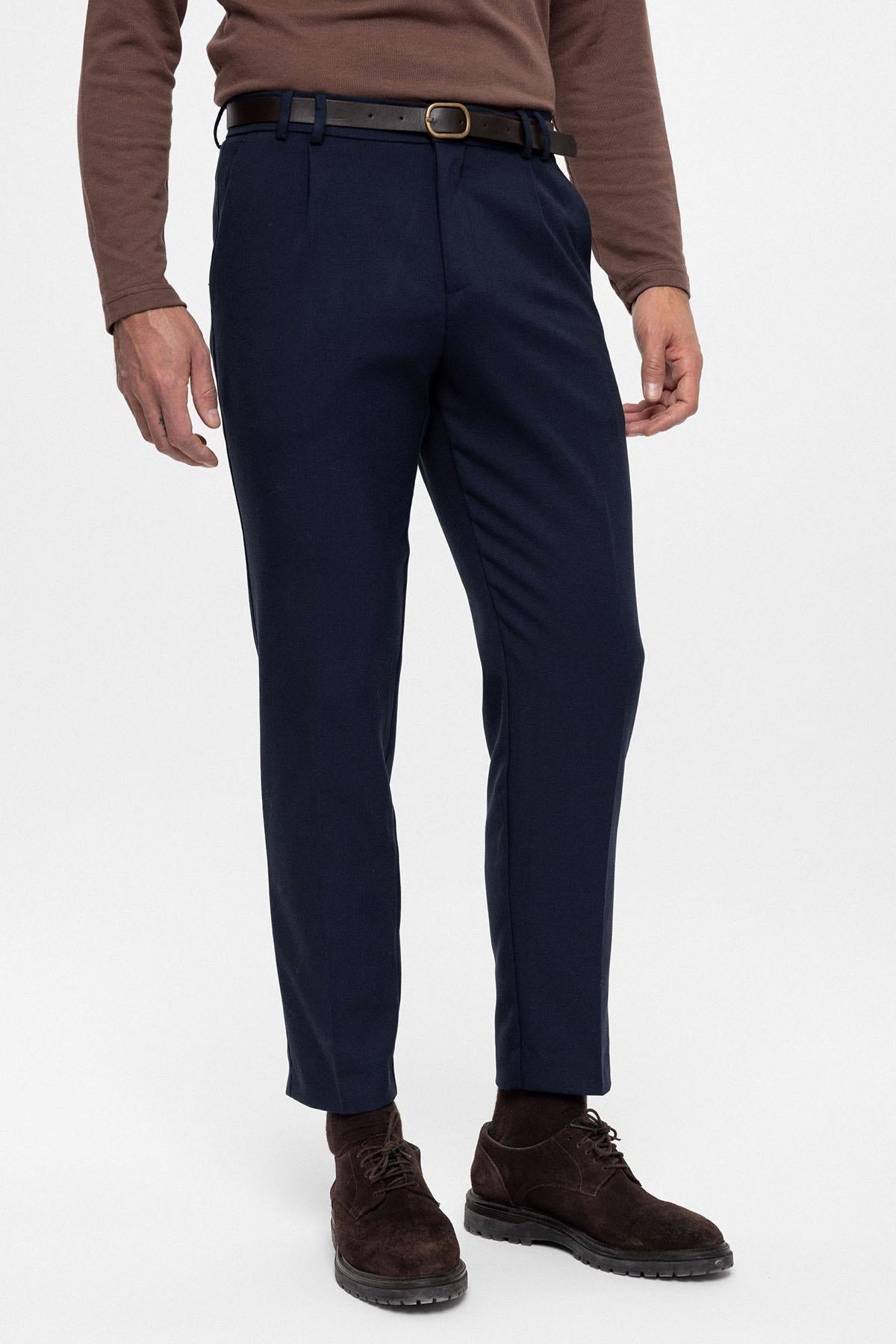 Men's Navy Blue Belted High Waist Trousers