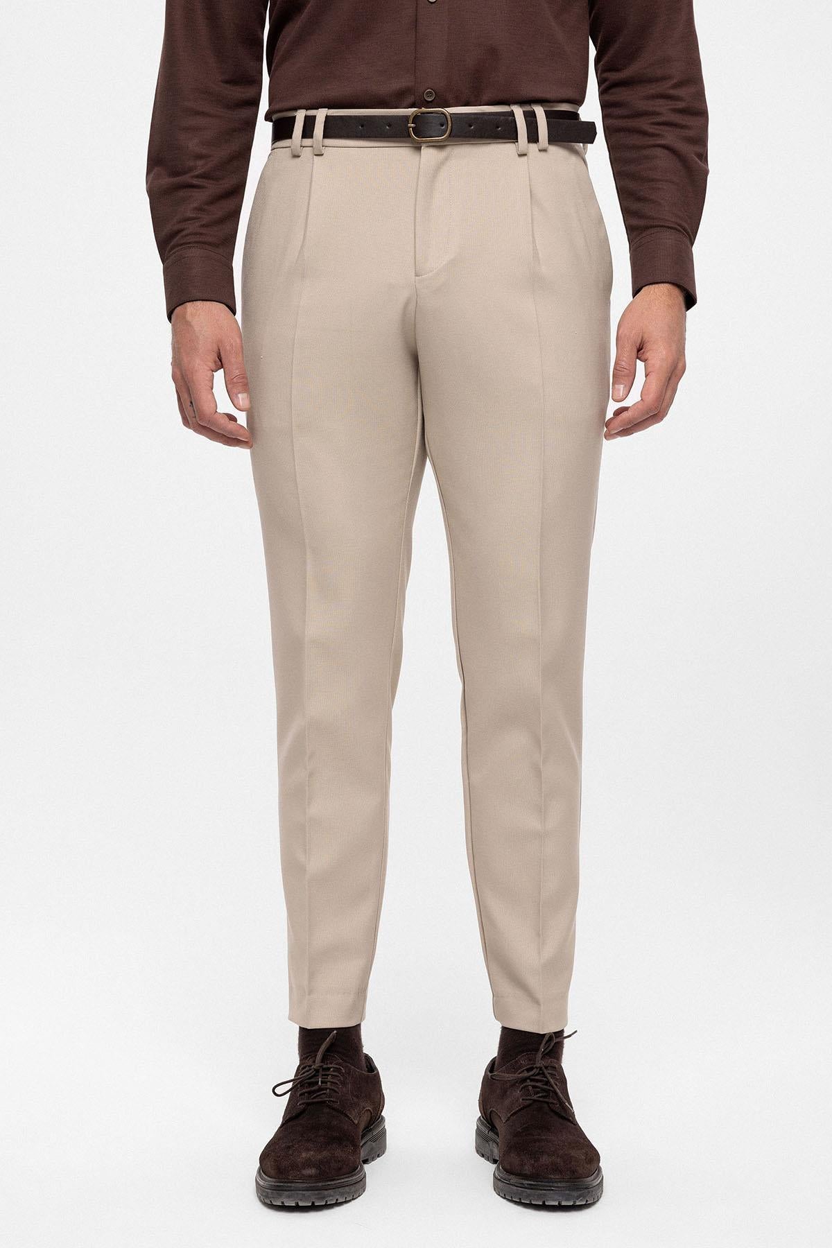 Men's Beige Belted High Waist Trousers