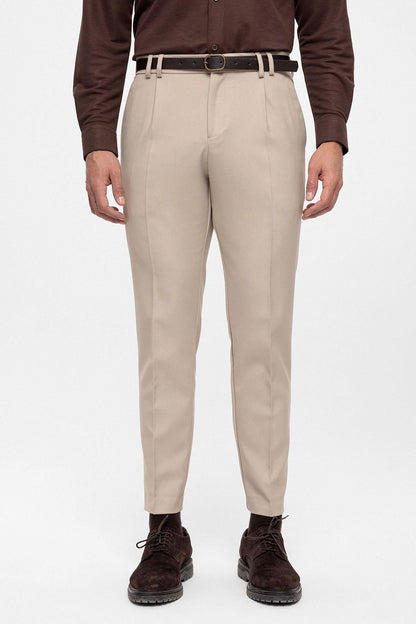 Men's Beige Belted High Waist Trousers