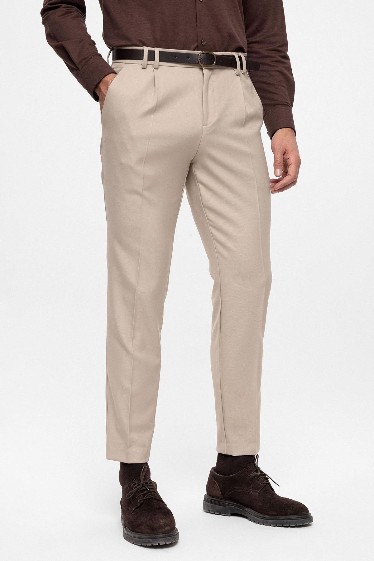 Men's Beige Belted High Waist Trousers