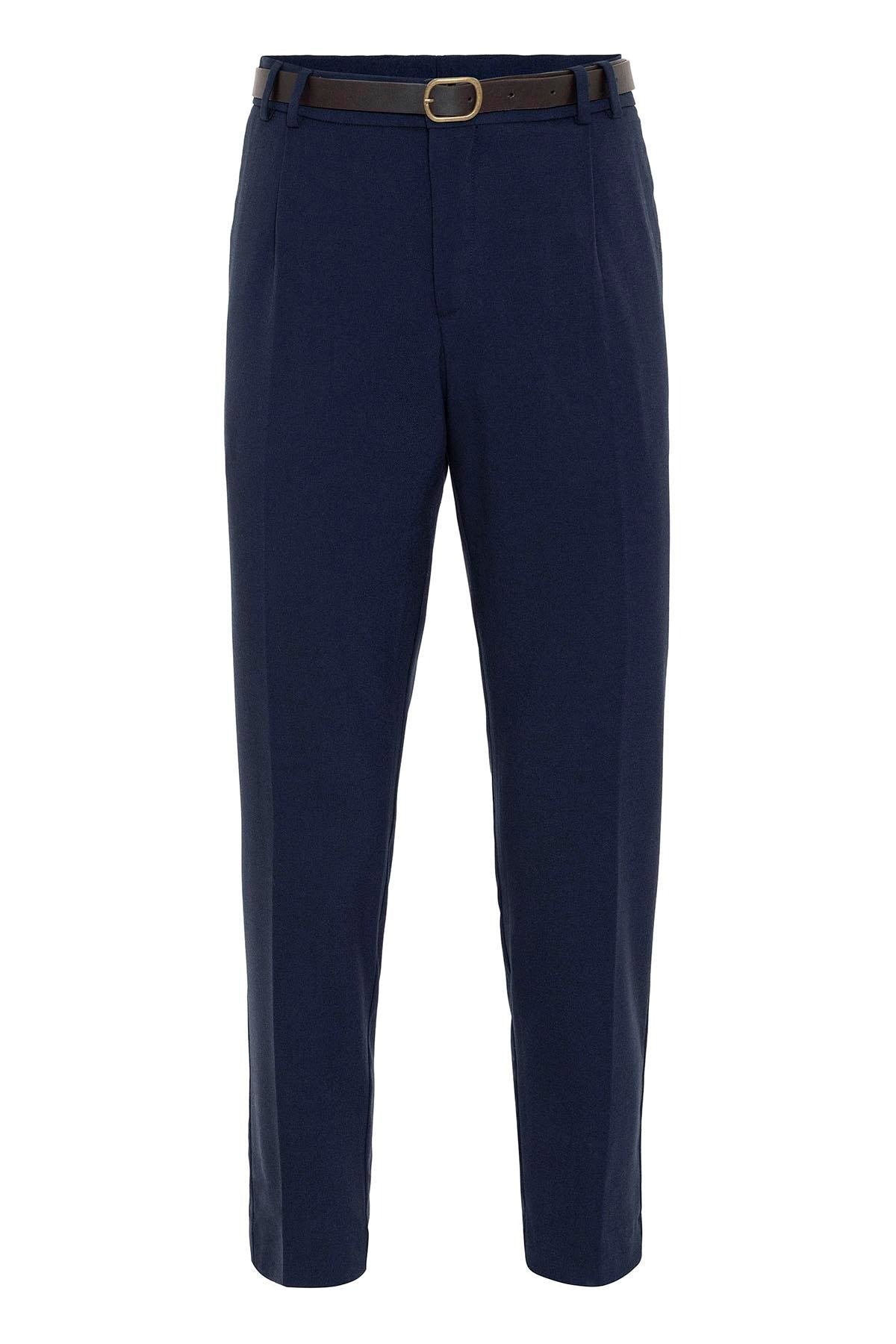 Men's Navy Blue Belted High Waist Trousers