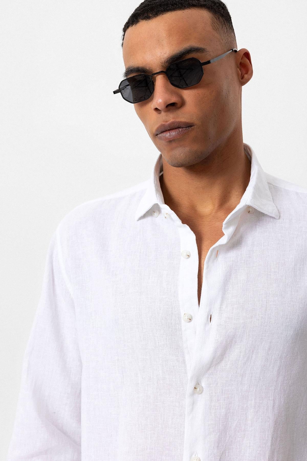 Men's White Linen Blend Shirt